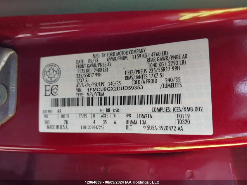 2013 Ford Escape Se VIN: 1FMCU9GX2DUD59353 Lot: 12064639