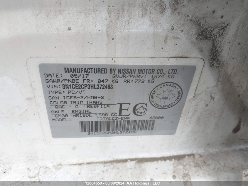 2017 Nissan Versa Note VIN: 3N1CE2CP3HL372498 Lot: 12064659