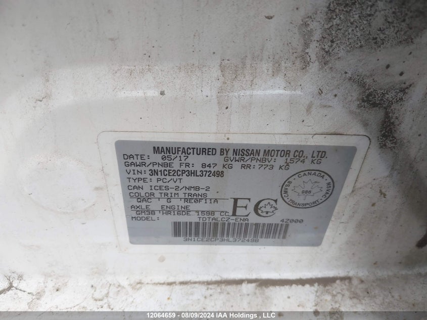 2017 Nissan Versa Note VIN: 3N1CE2CP3HL372498 Lot: 12064659