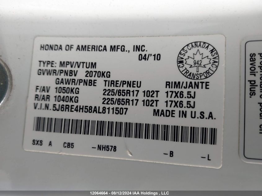 2010 Honda Cr-V VIN: 5J6RE4H58AL811507 Lot: 12064664