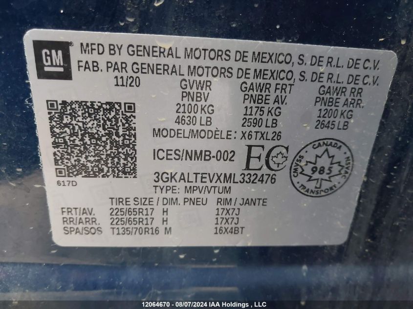 2021 GMC Terrain VIN: 3GKALTEVXML332476 Lot: 12064670