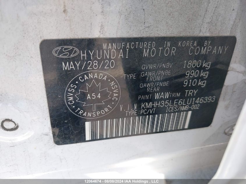 2020 Hyundai Elantra Gt Preferred Auto VIN: KMHH35LE6LU146393 Lot: 12064674