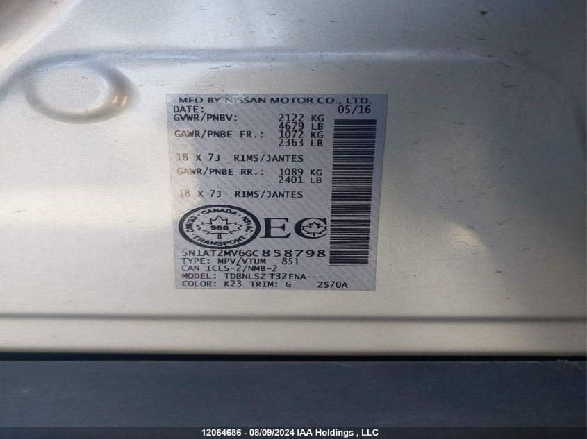 2016 Nissan Rogue VIN: 5N1AT2MV6GC858798 Lot: 12064686