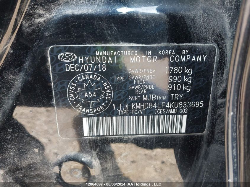 2019 Hyundai Elantra Sel/Value/Limited VIN: KMHD84LF4KU833695 Lot: 12064697