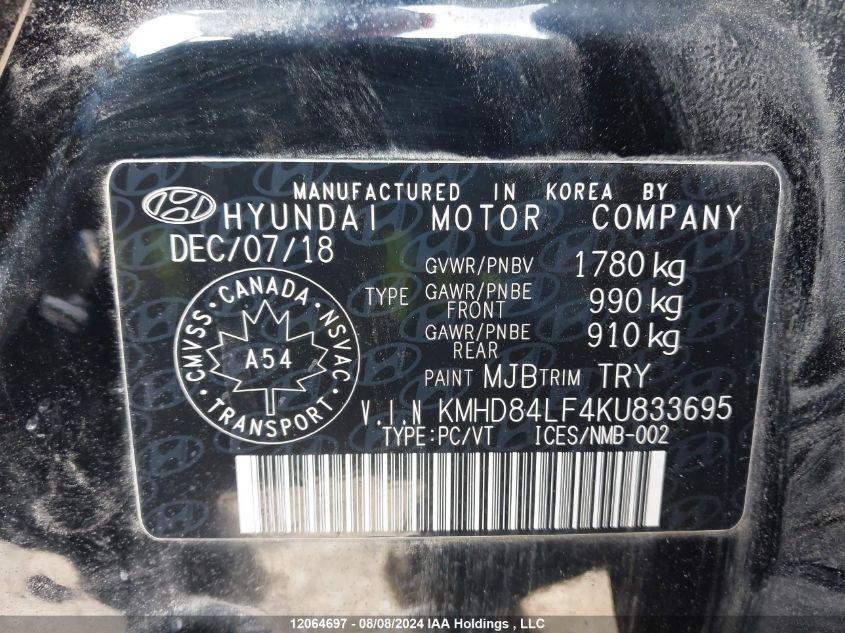 2019 Hyundai Elantra Sel/Value/Limited VIN: KMHD84LF4KU833695 Lot: 12064697