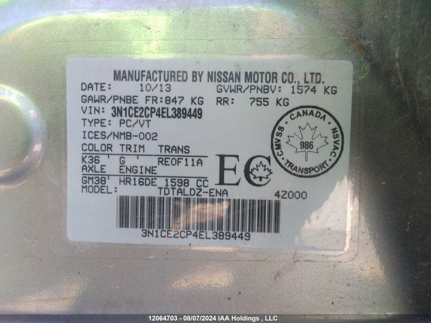 2014 Nissan Versa VIN: 3N1CE2CP4EL389449 Lot: 12064703