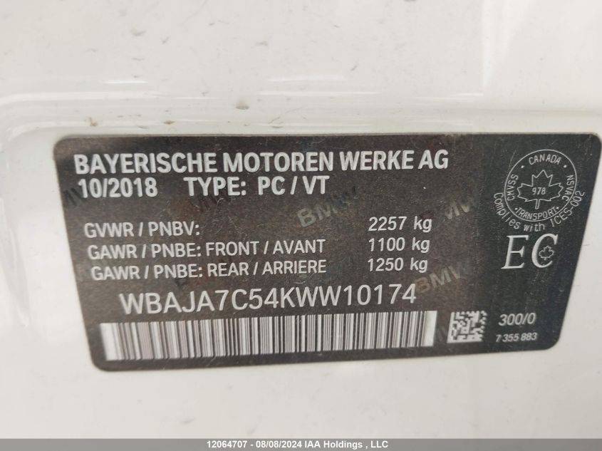 2019 BMW 5 Series VIN: WBAJA7C54KWW10174 Lot: 12064707