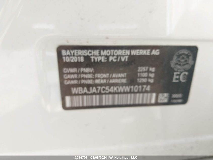 2019 BMW 5 Series VIN: WBAJA7C54KWW10174 Lot: 12064707
