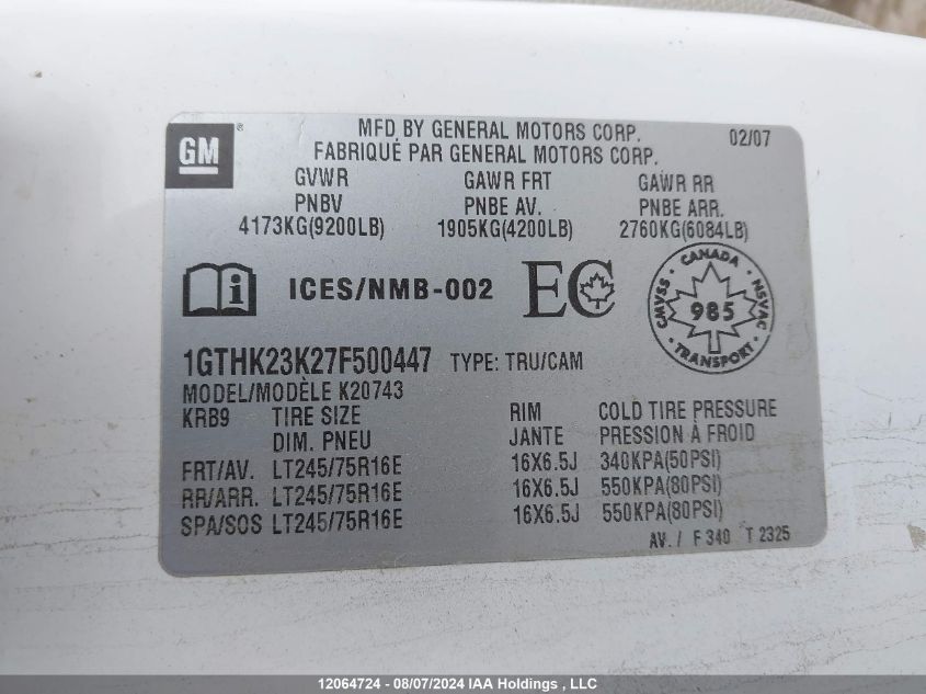 2007 GMC Sierra K2500 Heavy Duty VIN: 1GTHK23K27F500447 Lot: 12064724