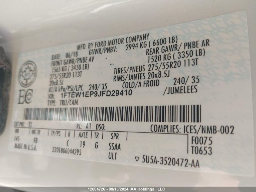2018 Ford F150 Supercrew VIN: 1FTEW1EP9JFD29410 Lot: 12064726