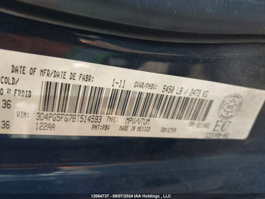 2011 Dodge Journey Sxt VIN: 3D4PG5FG7BT514593 Lot: 12064737