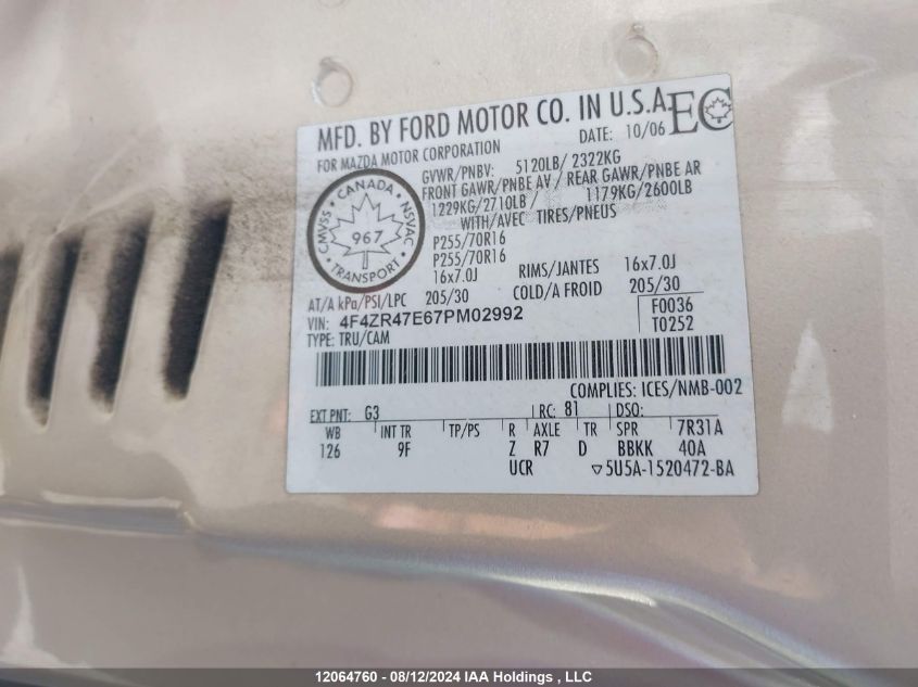 2007 Mazda B4000 Cab Plus VIN: 4F4ZR47E67PM02992 Lot: 12064760