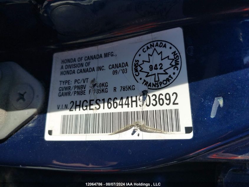 2004 Honda Civic Sdn VIN: 2HGES16644H903692 Lot: 12064786