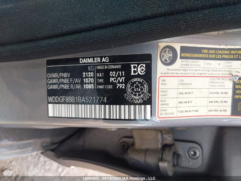 2011 Mercedes-Benz C-Class VIN: WDDGF8BB1BA521774 Lot: 12064802