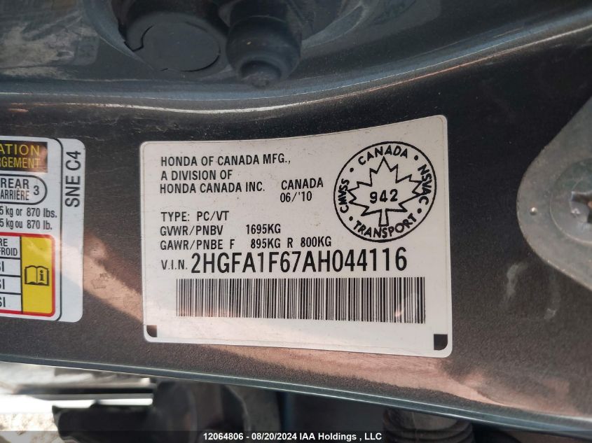 2010 Honda Civic Sdn VIN: 2HGFA1F67AH044116 Lot: 12064806