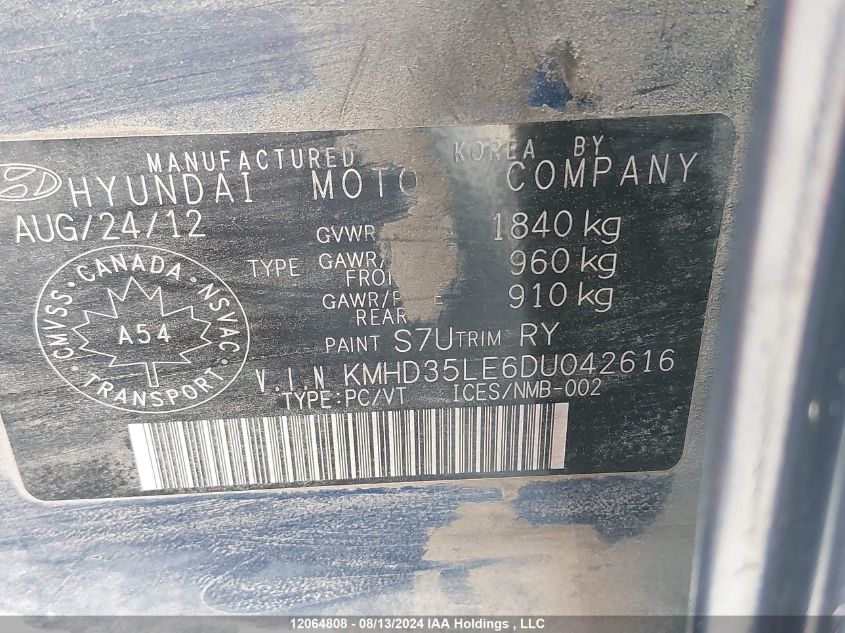 2013 Hyundai Elantra Gt VIN: KMHD35LE6DU042616 Lot: 12064808