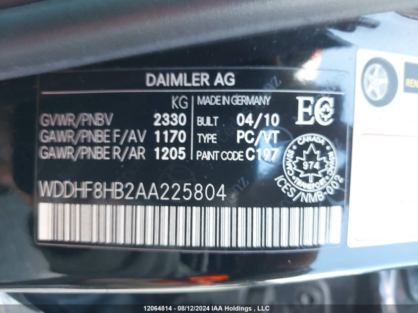 2010 Mercedes-Benz E-Class VIN: WDDHF8HB2AA225804 Lot: 12064814