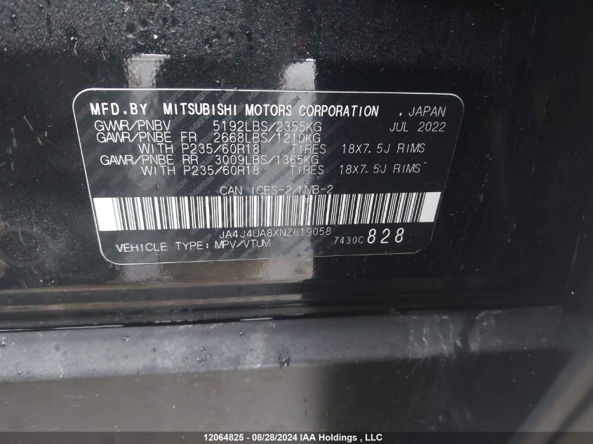 2022 Mitsubishi Outlander VIN: JA4J4UA8XNZ619058 Lot: 12064825