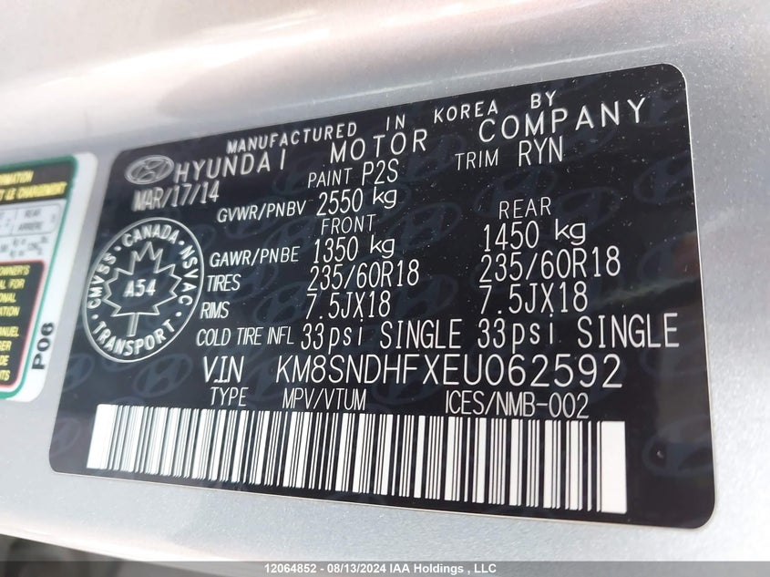 2014 Hyundai Santa Fe Xl Luxury VIN: KM8SNDHFXEU062592 Lot: 12064852