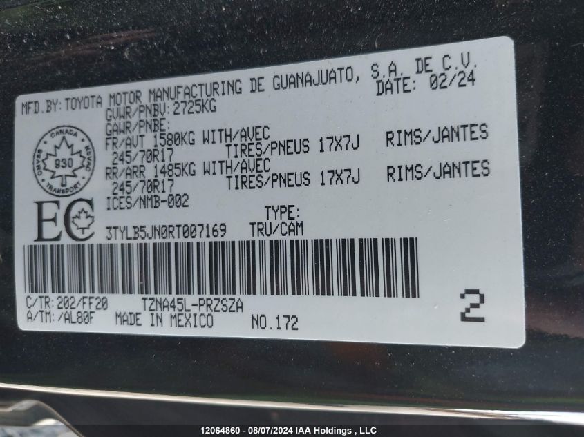 2024 Toyota Tacoma VIN: 3TYLB5JN0RT007169 Lot: 12064860