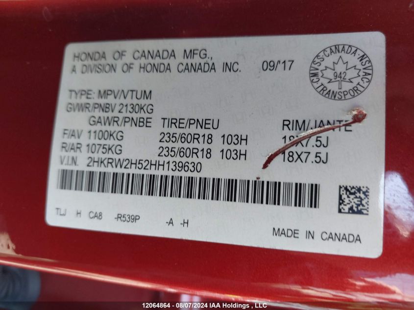 2017 Honda Cr-V VIN: 2HKRW2H52HH139630 Lot: 12064864