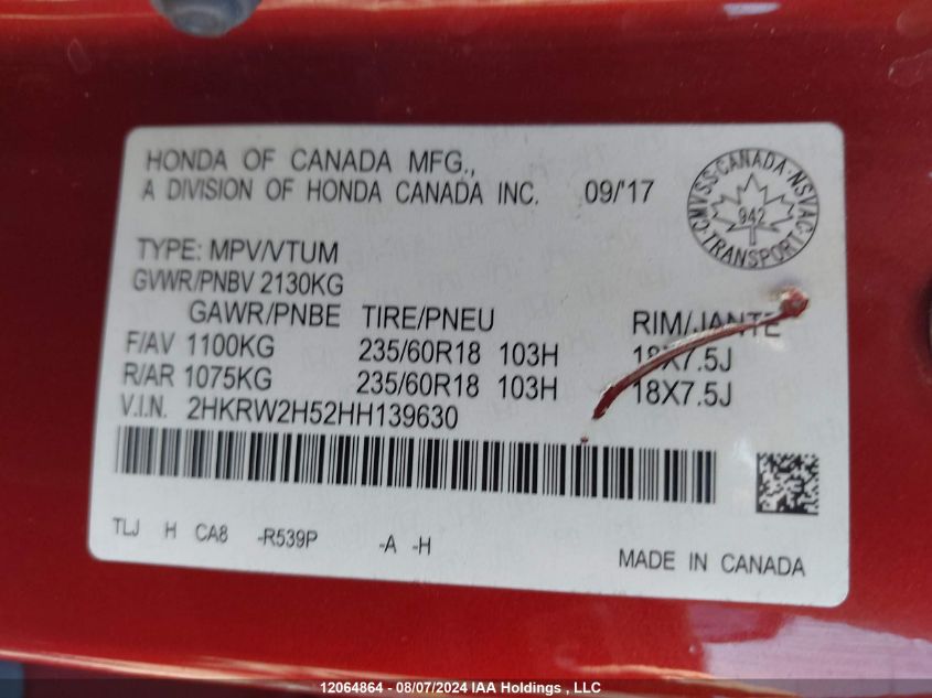 2017 Honda Cr-V VIN: 2HKRW2H52HH139630 Lot: 12064864