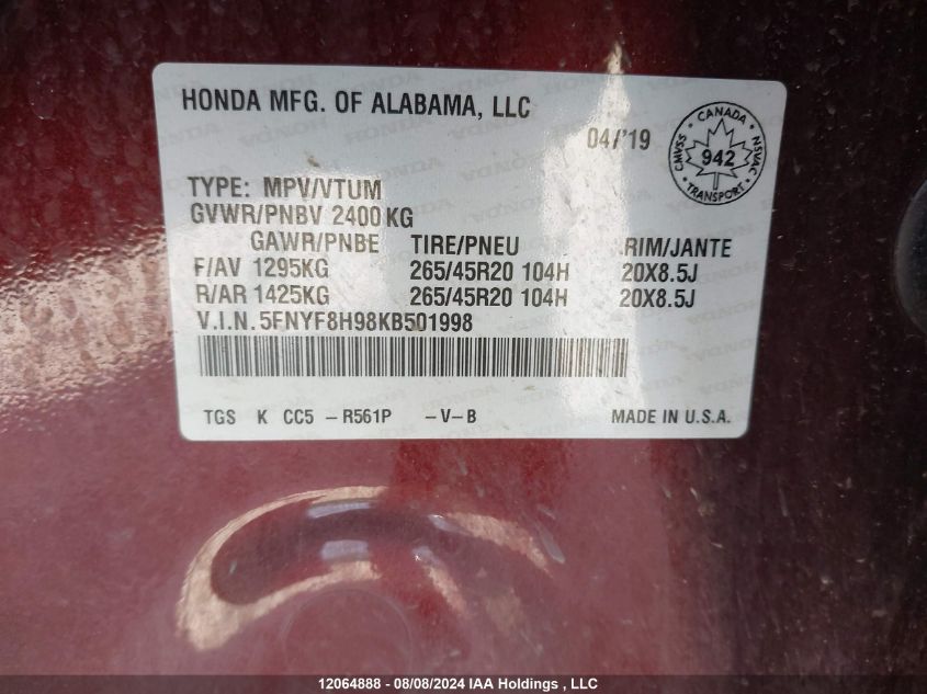 2019 Honda Passport VIN: 5FNYF8H98KB501998 Lot: 12064888