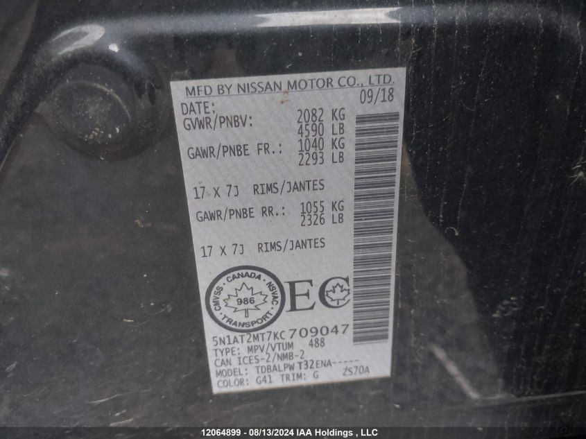2019 Nissan Rogue VIN: 5N1AT2MT7KC709047 Lot: 12064899