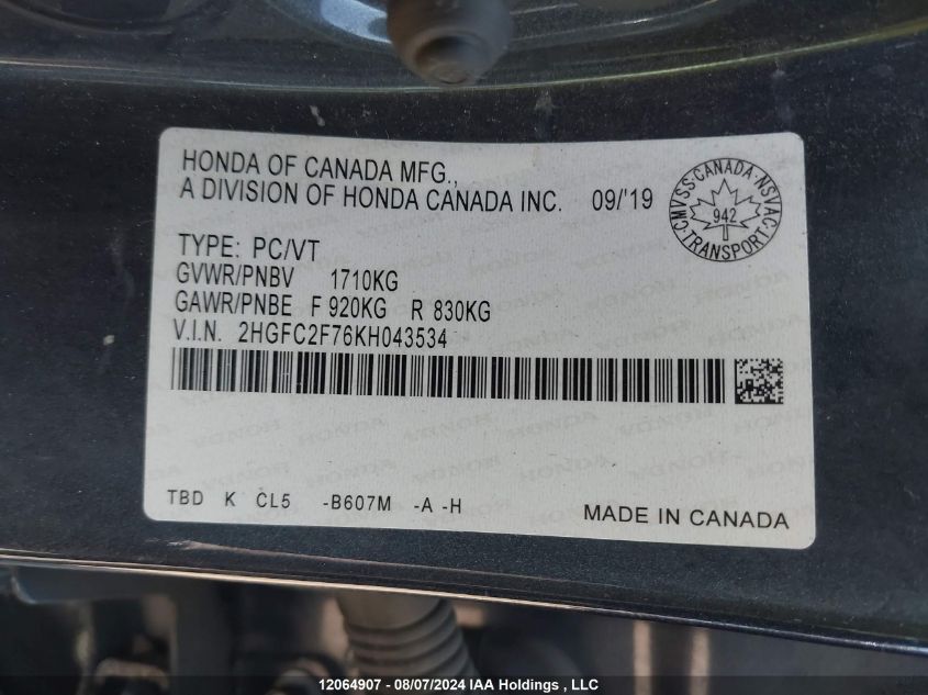 2019 Honda Civic Sedan VIN: 2HGFC2F76KH043534 Lot: 12064907
