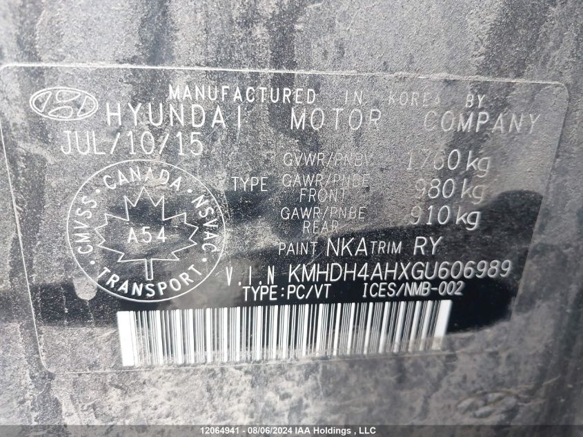 2016 Hyundai Elantra Gls VIN: KMHDH4AHXGU606989 Lot: 12064941