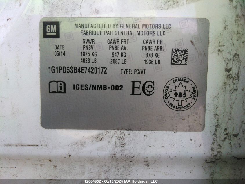 2014 Chevrolet Cruze VIN: 1G1PD5SB4E7420172 Lot: 12064952