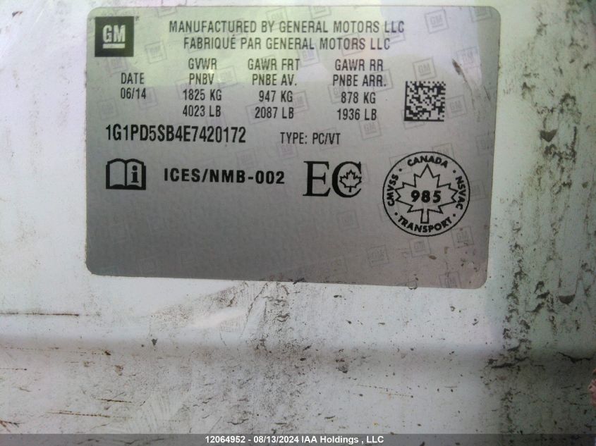 2014 Chevrolet Cruze VIN: 1G1PD5SB4E7420172 Lot: 12064952