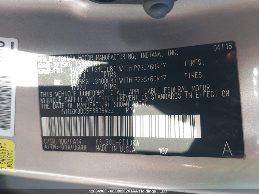 2015 Toyota Sienna VIN: 5TDZK3DC5FS606455 Lot: 12064963