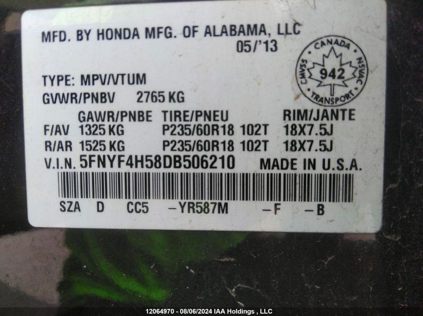 2013 Honda Pilot VIN: 5FNYF4H58DB506210 Lot: 12064970