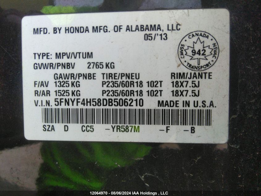 2013 Honda Pilot VIN: 5FNYF4H58DB506210 Lot: 12064970