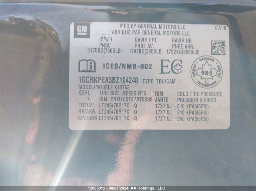 2011 Chevrolet Silverado K1500 VIN: 1GCRKPEA3BZ104248 Lot: 12065012