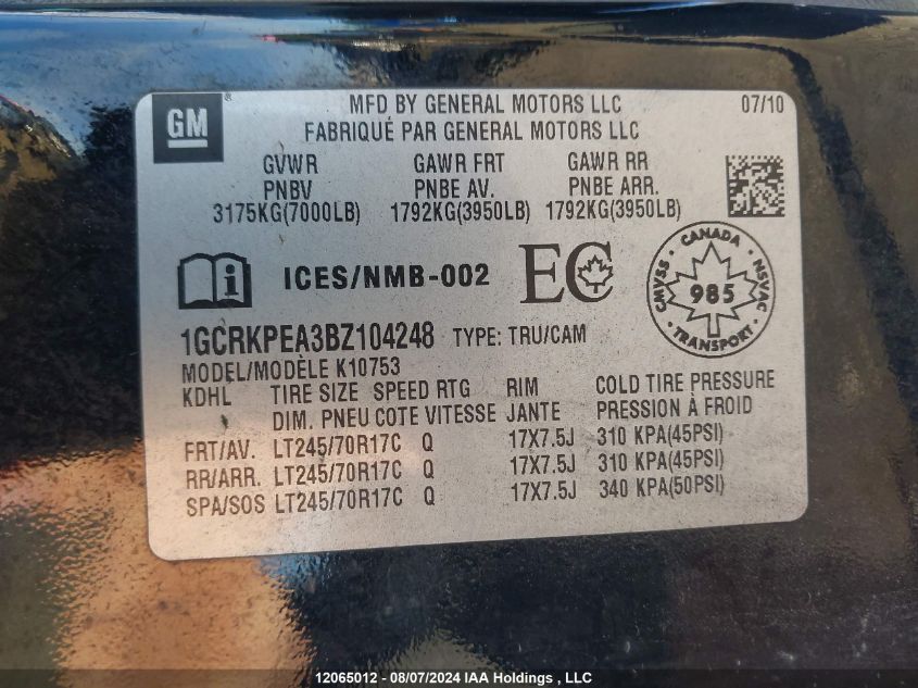 2011 Chevrolet Silverado K1500 VIN: 1GCRKPEA3BZ104248 Lot: 12065012