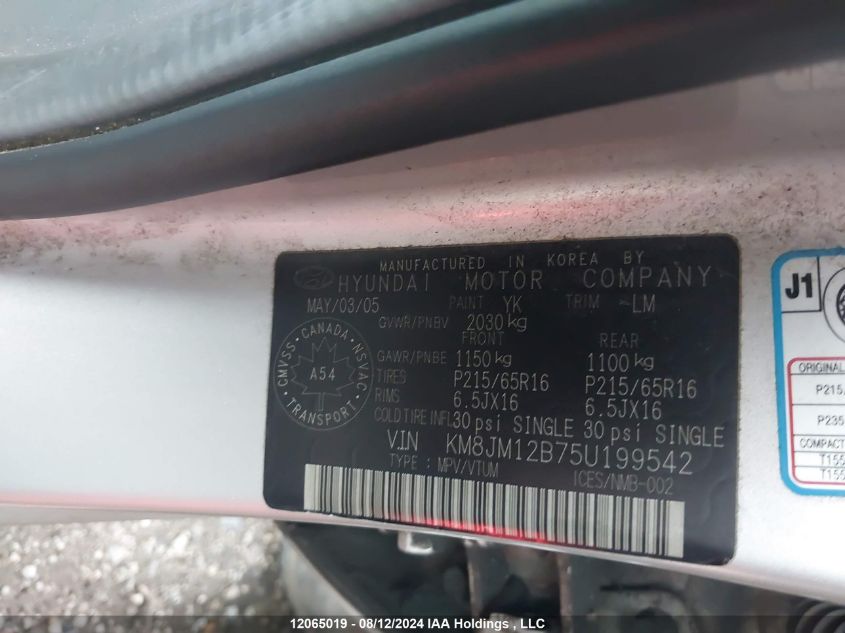 2005 Hyundai Tucson VIN: KM8JM12B75U199542 Lot: 12065019