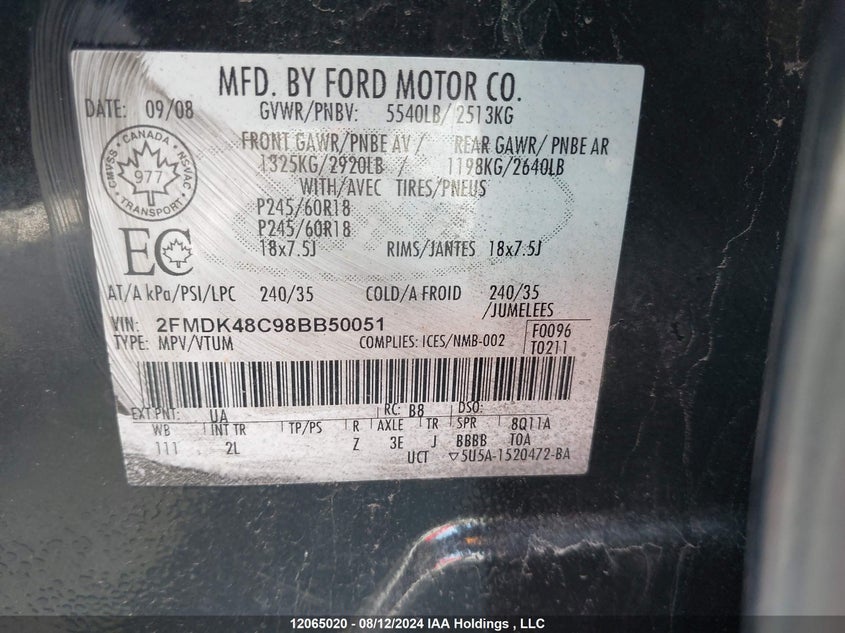 2008 Ford Edge VIN: 2FMDK48C98BB50051 Lot: 12065020