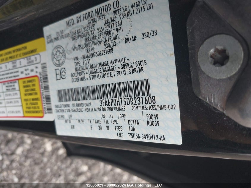 2013 Ford Fusion Se VIN: 3FA6P0H75DR231608 Lot: 12065021