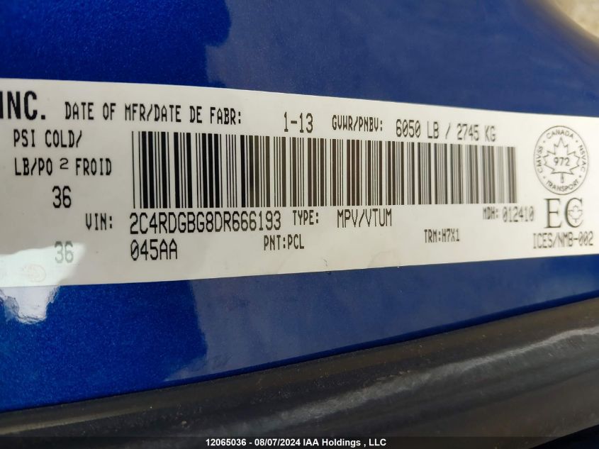 2013 Dodge Grand Caravan Se/Sxt VIN: 2C4RDGBG8DR666193 Lot: 12065036