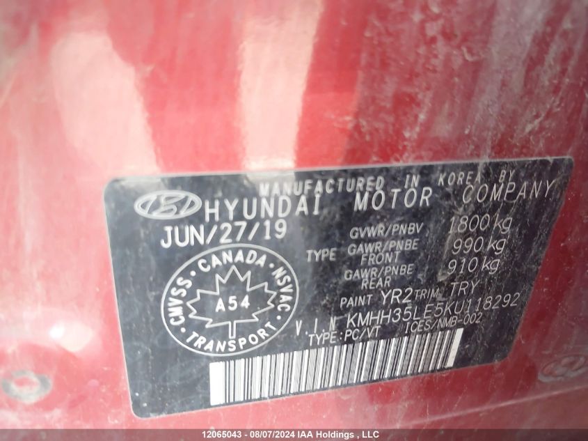 2019 Hyundai Elantra Gt VIN: KMHH35LE5KU118292 Lot: 12065043