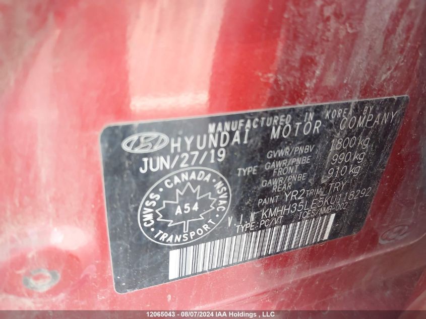 2019 Hyundai Elantra Gt VIN: KMHH35LE5KU118292 Lot: 12065043