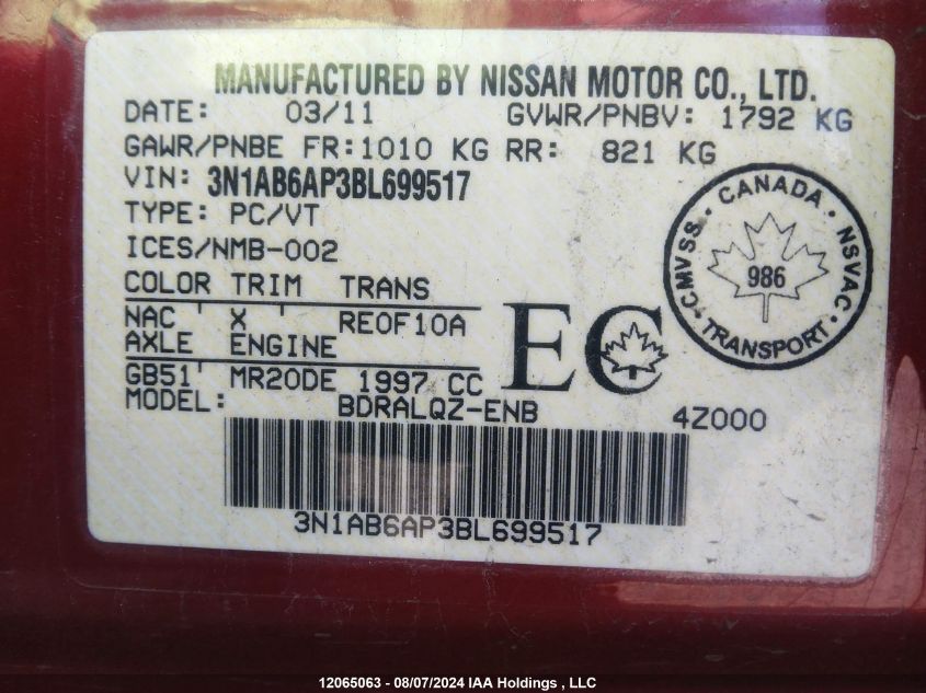 2011 Nissan Sentra 2.0/2.0S/Sr/2.0Sl VIN: 3N1AB6AP3BL699517 Lot: 12065063