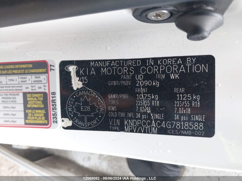 2016 Kia Sportage VIN: KNDPCCAC4G7818588 Lot: 12065082