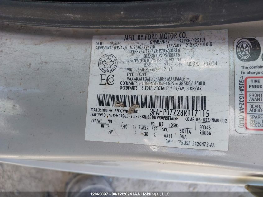 2008 Ford Fusion Se VIN: 3FAHP07Z28R117115 Lot: 12065097