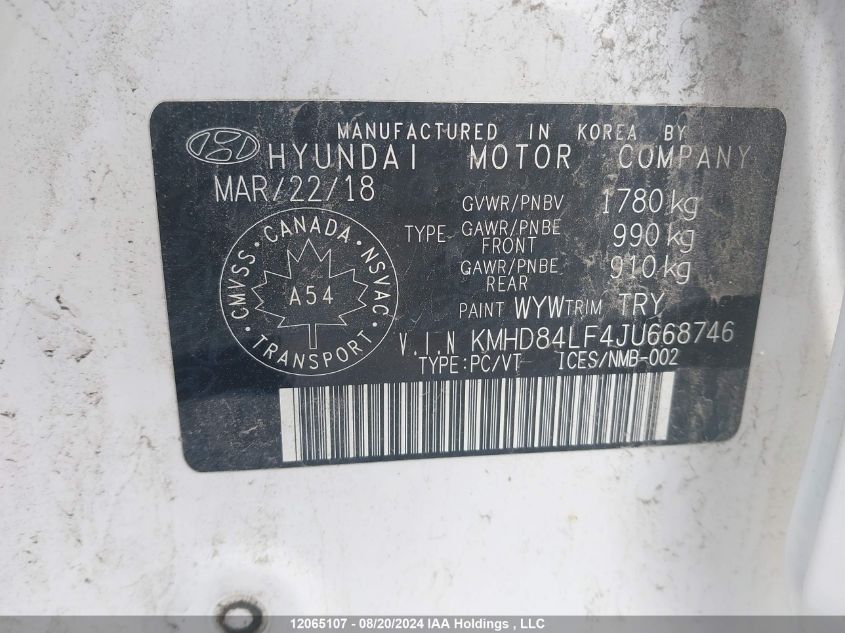 2018 Hyundai Elantra Sel/Value/Limited VIN: KMHD84LF4JU668746 Lot: 12065107