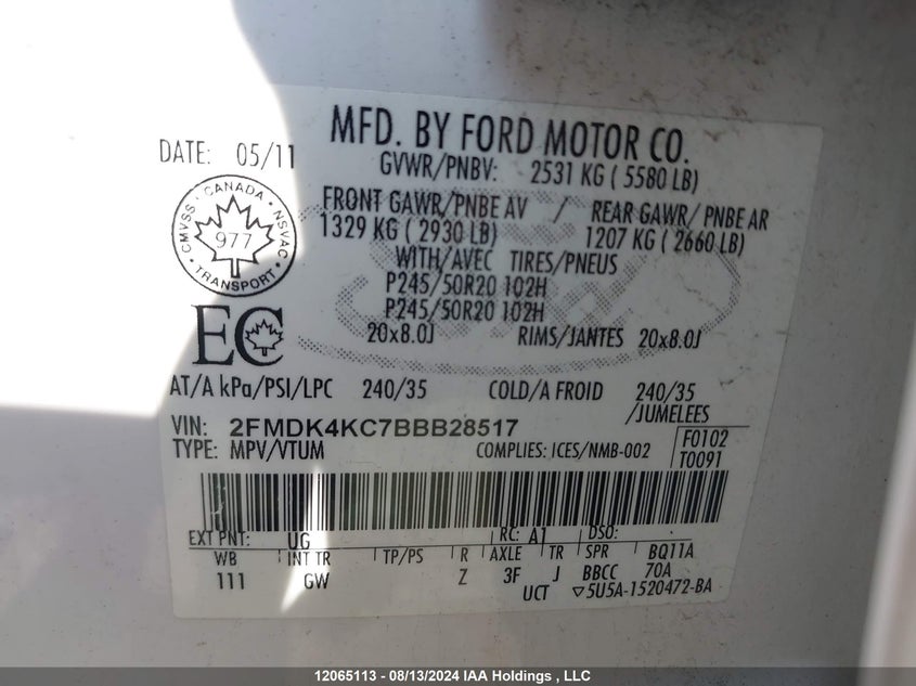 2011 Ford Edge Limited VIN: 2FMDK4KC7BBB28517 Lot: 12065113