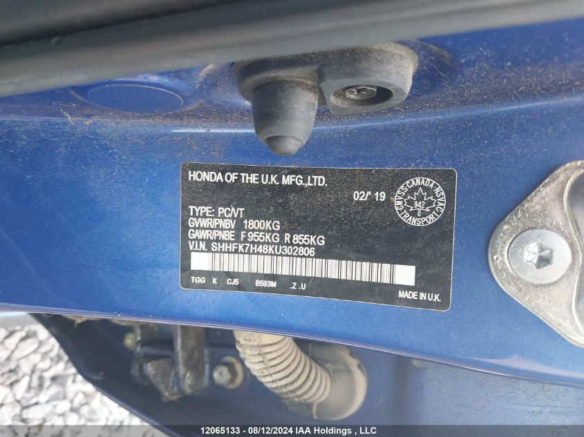 2019 Honda Civic Hatchback VIN: SHHFK7H48KU302806 Lot: 12065133