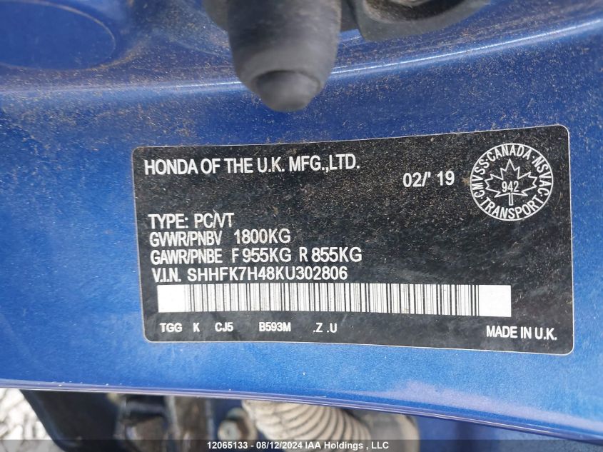 2019 Honda Civic Hatchback VIN: SHHFK7H48KU302806 Lot: 12065133